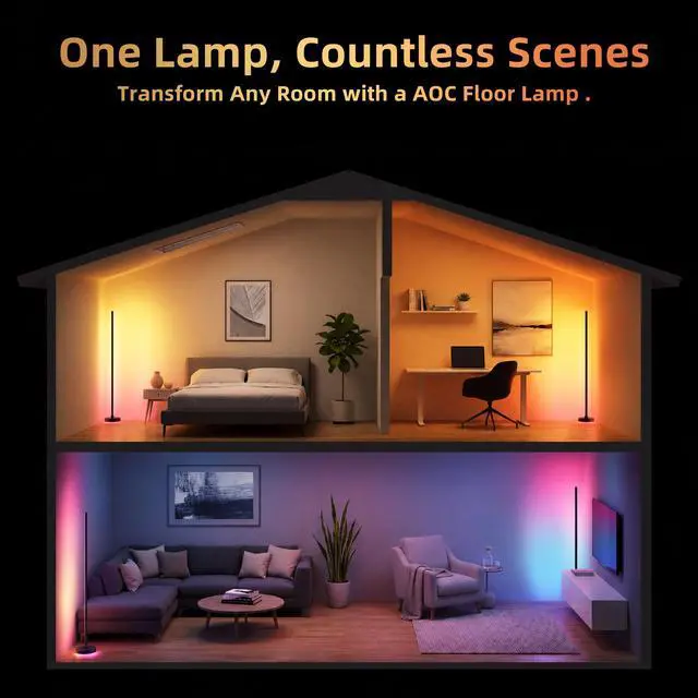 Alt view image 7 of 7 - LED Floor Lamp, 2Packs RGBICWW Corner Floor Lamp with Glowing Base App & Remote Control, 160 Million Colors, 68+ Scenes Color Changing, Ambient Lighting for Bedroom Living Room Home Office