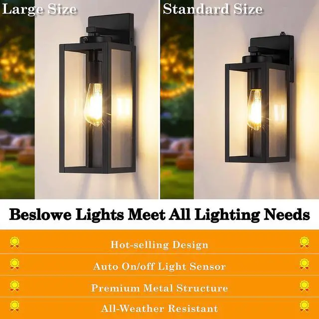 Alt view image 2 of 7 - 15" Large Upgraded Dusk to Dawn Outdoor Wall Lights, Matte Black Auto On/Off, Rust-Resistant, Quick & Easy Installation, Waterproof & Weatherproof, Thick Clear Glass & Durable Metal