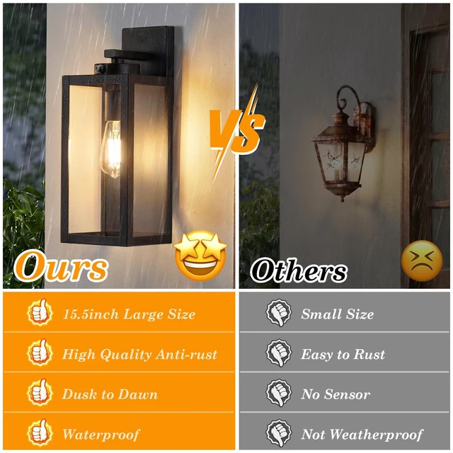 Alt view image 5 of 7 - 15" Large Upgraded Dusk to Dawn Outdoor Wall Lights, Matte Black Auto On/Off, Rust-Resistant, Quick & Easy Installation, Waterproof & Weatherproof, Thick Clear Glass & Durable Metal