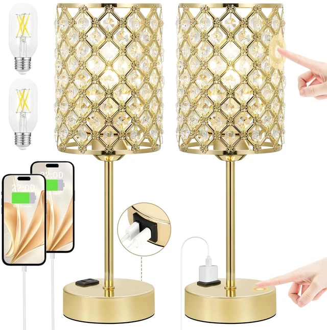 Main image of Gold Touch Control Crystal Table Lamp Set of 2, Dimmable Nightstand Lamps Touch Lamp with USB-C+A & AC Outlets, Small Gold Lamps for Nightstand, Bedside Lamps for Bedroom, Bulb Included