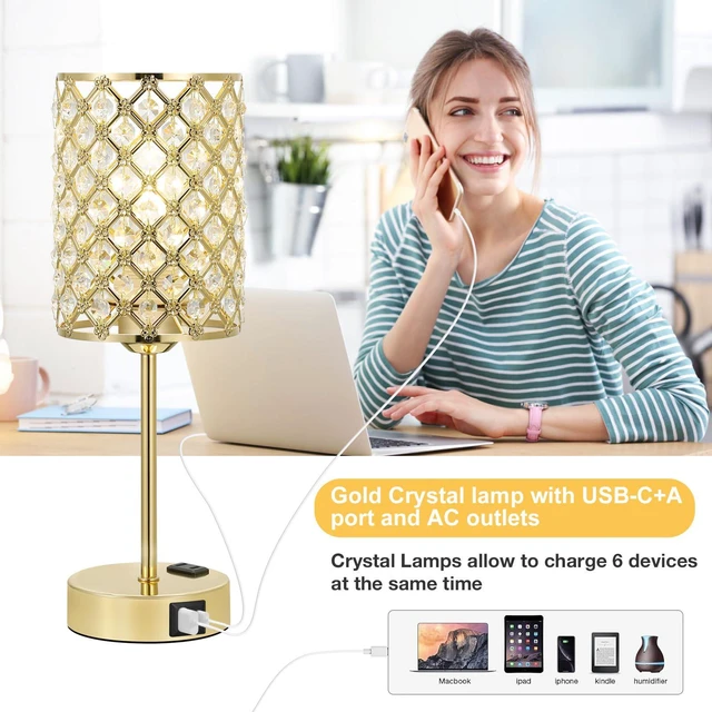 Alt view image 5 of 7 - Gold Touch Control Crystal Table Lamp Set of 2, Dimmable Nightstand Lamps Touch Lamp with USB-C+A & AC Outlets, Small Gold Lamps for Nightstand, Bedside Lamps for Bedroom, Bulb Included