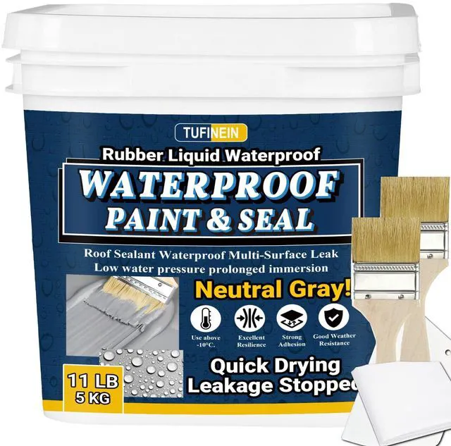 Main image of Rubber Liquid Waterproof Sealant, 11 LB/5 KG Neutral Gray Quick Drying Multi Surface Foundation Leak Repair - Roof Gutters Basement Sealer Waterproof - Indoor & Outdoor Flexible Rubber Paint