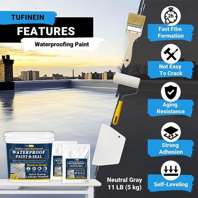 Alt view image 3 of 7 - Rubber Liquid Waterproof Sealant, 11 LB/5 KG Neutral Gray Quick Drying Multi Surface Foundation Leak Repair - Roof Gutters Basement Sealer Waterproof - Indoor & Outdoor Flexible Rubber Paint