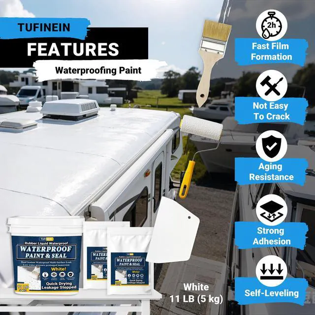 Alt view image 3 of 7 - Rubber Liquid Waterproof Sealant, 11 LB/5 KG White Quick Drying Multi Surface Foundation Leak Repair - Roof Gutters Basement Sealer Waterproof - Indoor & Outdoor Flexible Rubber Paint