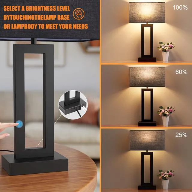 Alt view image 3 of 7 - 22" Tall Living Room Lamps for Night Stands - Touch Bedside Lamp with USB C+A, 3 Way Dimmable Bedroom Lamps for End Tables Set of 2, Modern Night Stand Lamps for Bed Side(Black&Black)