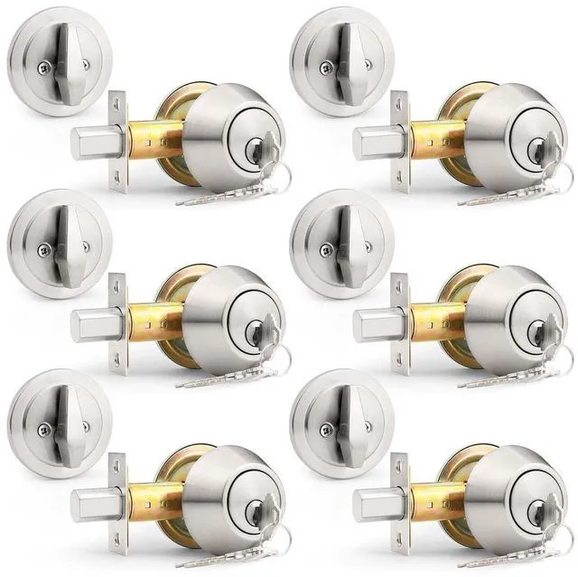 Main image of 6 Pack Brushed Nickel Single Cylinder Deadbolts, Keyed Alike Combo Handlesets, Interior & Exterior Door Locks for Entrance Lock and Front Gate