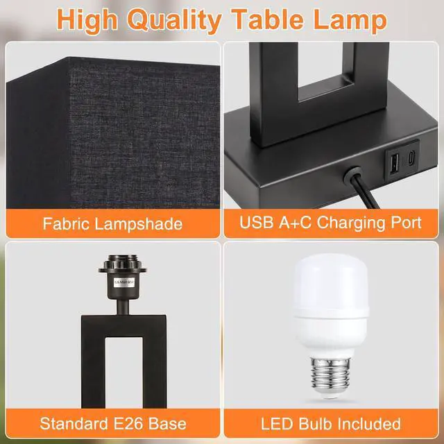 Alt view image 5 of 7 - 22" Tall Living Room Lamps for Night Stands - Touch Bedside Lamp with USB C+A, 3 Way Dimmable Bedroom Lamps for End Tables Set of 2, Modern Night Stand Lamps for Bed Side(Black&Black)