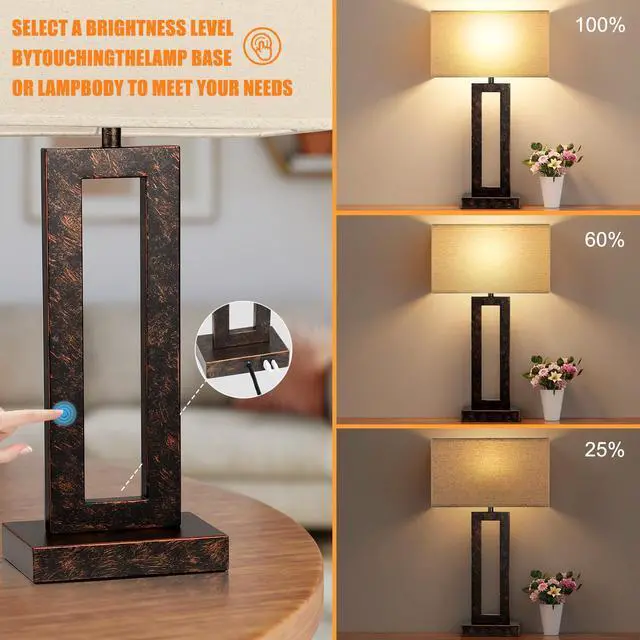 Alt view image 3 of 7 - 22" Tall Living Room Lamps for Night Stands - Touch Bedside Lamp with USB C+A, 3 Way Dimmable Bedroom Lamps for End Tables Set of 2, Modern Night Stand Lamp for Bed Side(Beige&Brown)