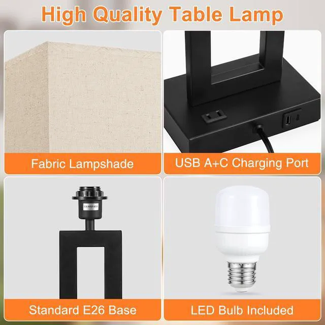 Alt view image 3 of 7 - 26.3in Big Bedroom Table Lamps Set of 2 -Touch Control, 3 Way Dimmable, USB C+A Charging, LED Bulbs, Easy Assembly