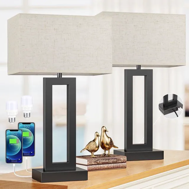 Main image of 22" Tall Living Room Lamps for Night Stands - Touch Bedside Lamp with USB C+A, 3 Way Dimmable Bedroom Lamps for End Tables Set of 2, Modern Night Stand Lamps for Bed Side(Cream&Black)