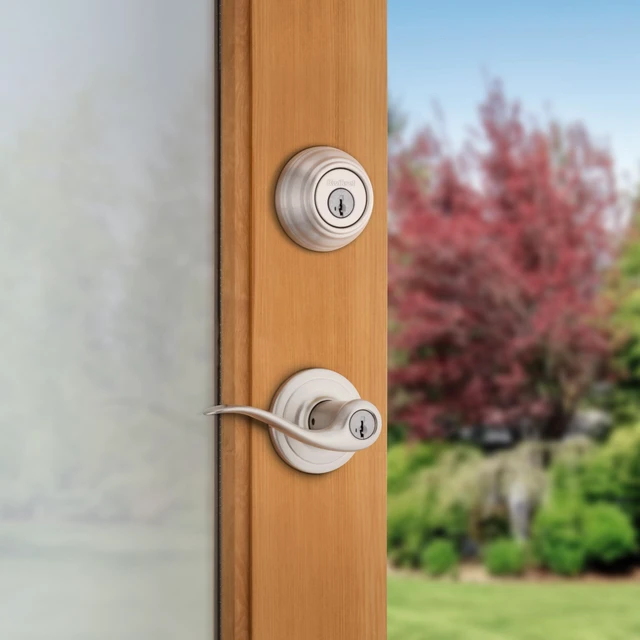 Alt view image 2 of 7 - 991 Tustin Entry Lever and Single Cylinder Deadbolt Combo Pack featuring SmartKey in Satin Nickel, Model Number: 99910-040