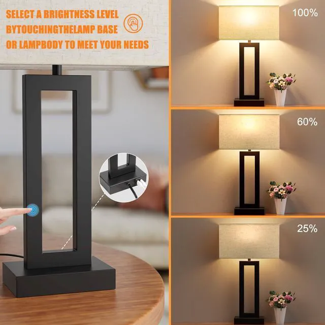 Alt view image 3 of 7 - 22" Tall Living Room Lamps for Night Stands - Touch Bedside Lamp with USB C+A, 3 Way Dimmable Bedroom Lamps for End Tables Set of 2, Modern Night Stand Lamps for Bed Side(Cream&Black)