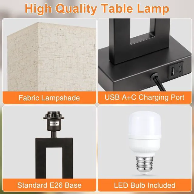 Alt view image 5 of 7 - 22" Tall Living Room Lamps for Night Stands - Touch Bedside Lamp with USB C+A, 3 Way Dimmable Bedroom Lamps for End Tables Set of 2, Modern Night Stand Lamps for Bed Side(Cream&Black)