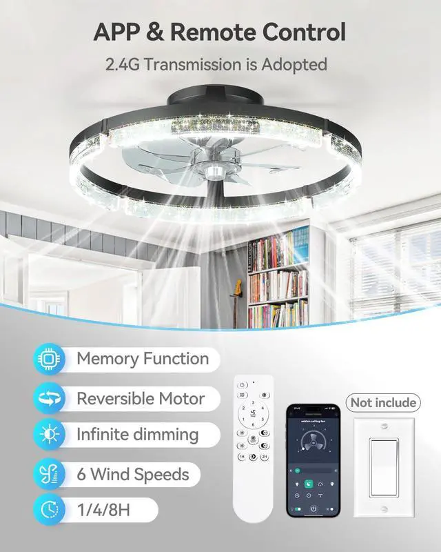 Alt view image 3 of 7 - 20" Ceiling Fans with Lights and Remote, Low Profile Fandelier 3000-6000K Dimmable LED, 6 Speeds, Reversible DC Motor, App Control, Memory Function, Timer, Quiet Operation