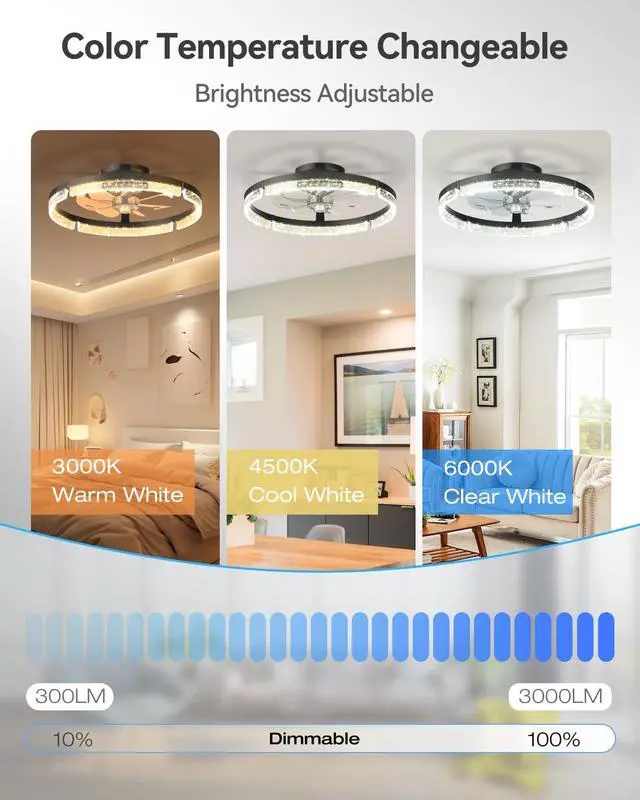 Alt view image 2 of 7 - 20" Ceiling Fans with Lights and Remote, Low Profile Fandelier 3000-6000K Dimmable LED, 6 Speeds, Reversible DC Motor, App Control, Memory Function, Timer, Quiet Operation