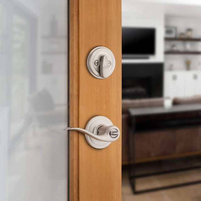 Alt view image 3 of 7 - 991 Tustin Entry Lever and Single Cylinder Deadbolt Combo Pack featuring SmartKey in Satin Nickel, Model Number: 99910-040