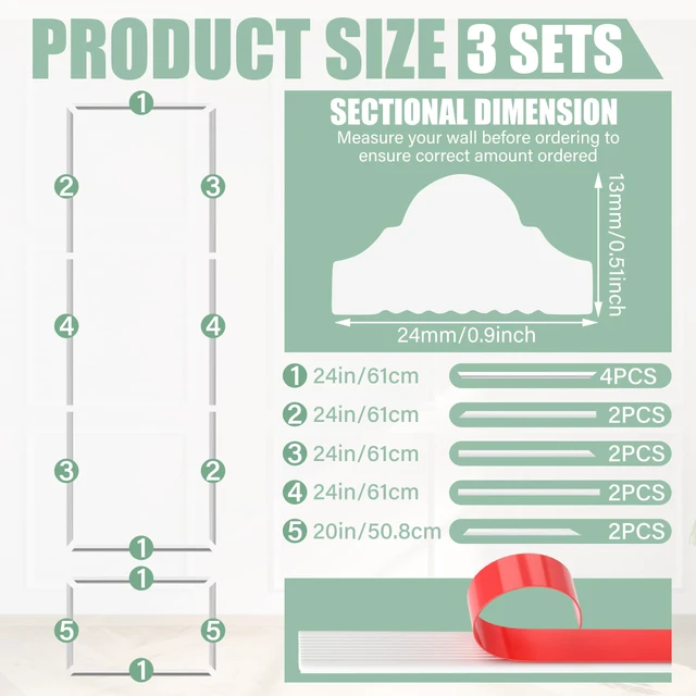 Alt view image 2 of 6 - 3set Peel and Stick Wall Molding Kit 3D Premade, 24x72in Accent Wall Moulding Kit, Wainscoting Panel, for Interior Decor, Ready to Assemble, Peel and Stick, Wainscoting Accent Panel