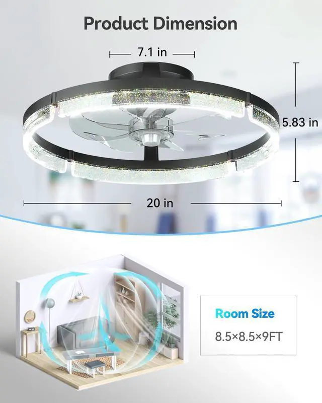 Alt view image 6 of 7 - 20" Ceiling Fans with Lights and Remote, Low Profile Fandelier 3000-6000K Dimmable LED, 6 Speeds, Reversible DC Motor, App Control, Memory Function, Timer, Quiet Operation
