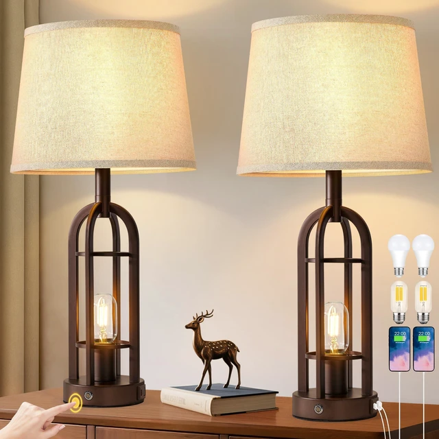 Main image of 24" Table Lamps for Living Room Set of 2, Rustic Farmhouse 3-Way Dimmable Touch Industrial Bedside Lamps with USB A+C for Bedroom Nightstand4 Bulbs Included