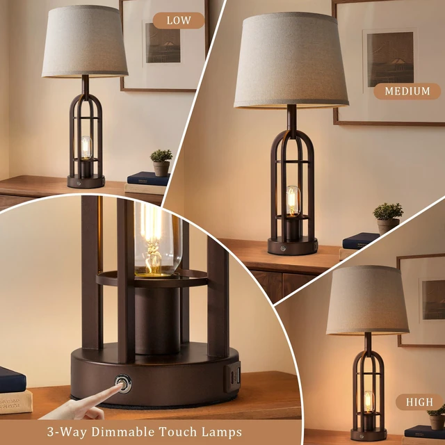 Alt view image 2 of 7 - 24" Table Lamps for Living Room Set of 2, Rustic Farmhouse 3-Way Dimmable Touch Industrial Bedside Lamps with USB A+C for Bedroom Nightstand4 Bulbs Included