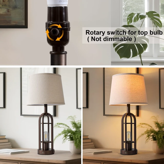 Alt view image 3 of 7 - 24" Table Lamps for Living Room Set of 2, Rustic Farmhouse 3-Way Dimmable Touch Industrial Bedside Lamps with USB A+C for Bedroom Nightstand4 Bulbs Included