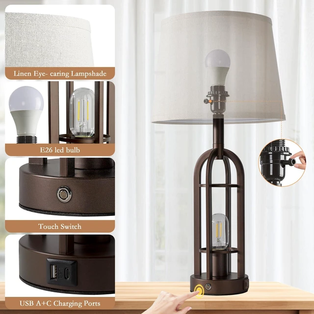 Alt view image 6 of 7 - 24" Table Lamps for Living Room Set of 2, Rustic Farmhouse 3-Way Dimmable Touch Industrial Bedside Lamps with USB A+C for Bedroom Nightstand4 Bulbs Included