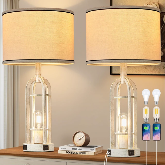 Main image of Farmhouse Table Lamps for Living Room Set of 2 - Rustic Industrial Lamps for Night Stands with Night Light & USB A+C, 24" Vintage Bedside Lamp for Bedroom, Bulbs Included