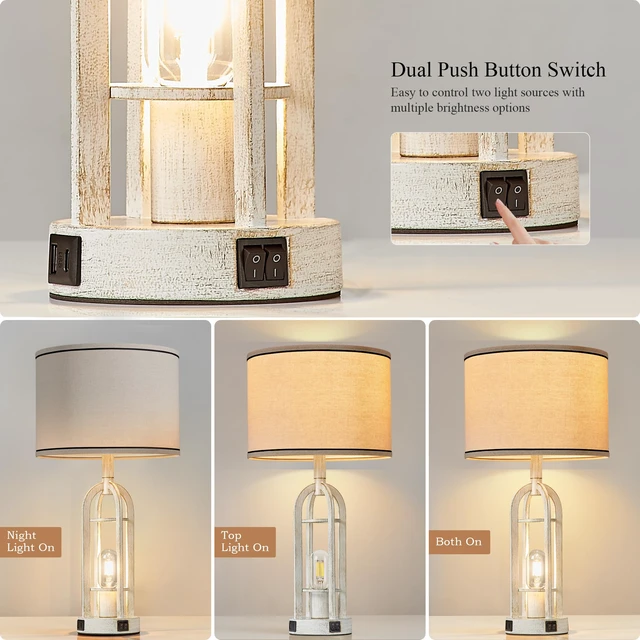Alt view image 2 of 6 - Farmhouse Table Lamps for Living Room Set of 2 - Rustic Industrial Lamps for Night Stands with Night Light & USB A+C, 24" Vintage Bedside Lamp for Bedroom, Bulbs Included