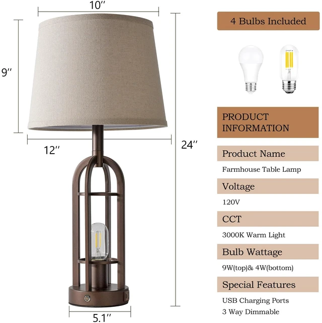 Alt view image 7 of 7 - 24" Table Lamps for Living Room Set of 2, Rustic Farmhouse 3-Way Dimmable Touch Industrial Bedside Lamps with USB A+C for Bedroom Nightstand4 Bulbs Included