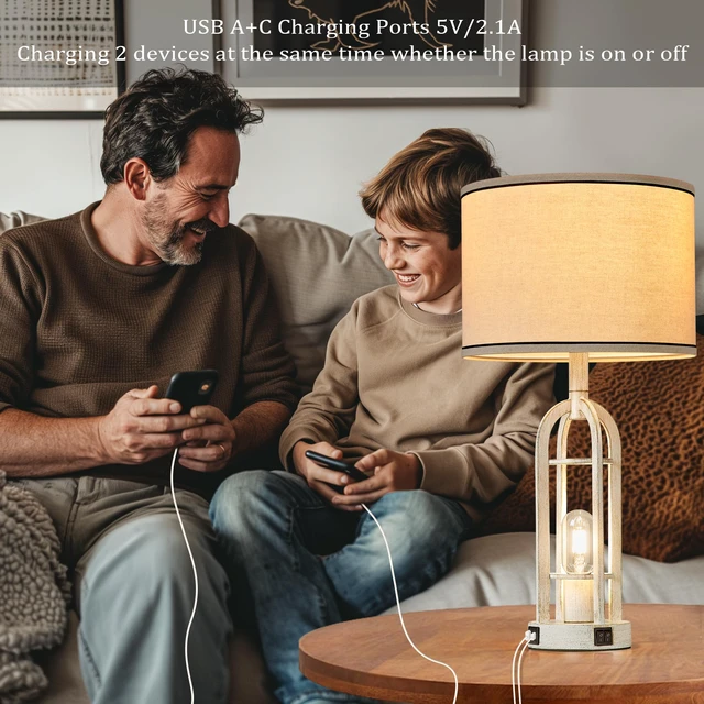 Alt view image 3 of 6 - Farmhouse Table Lamps for Living Room Set of 2 - Rustic Industrial Lamps for Night Stands with Night Light & USB A+C, 24" Vintage Bedside Lamp for Bedroom, Bulbs Included