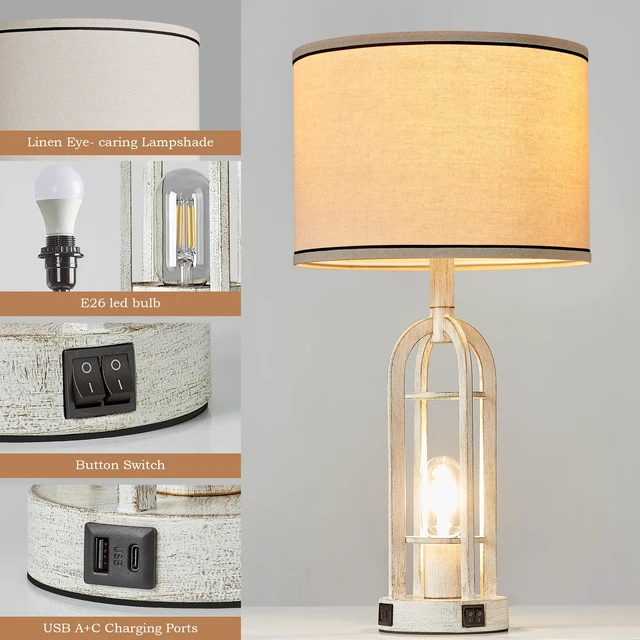 Alt view image 5 of 6 - Farmhouse Table Lamps for Living Room Set of 2 - Rustic Industrial Lamps for Night Stands with Night Light & USB A+C, 24" Vintage Bedside Lamp for Bedroom, Bulbs Included