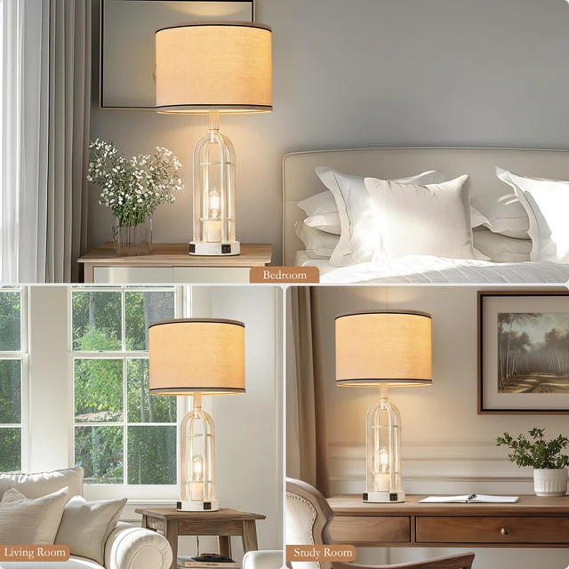 Alt view image 4 of 6 - Farmhouse Table Lamps for Living Room Set of 2 - Rustic Industrial Lamps for Night Stands with Night Light & USB A+C, 24" Vintage Bedside Lamp for Bedroom, Bulbs Included