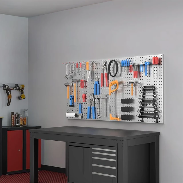Alt view image 5 of 6 - Metal Pegboard Wall Panels, Peg Boards for Garage Tool Storage Heavy Duty Pegboard Tool Storage Kit for Home, Craft Room Gray 4 Pcs