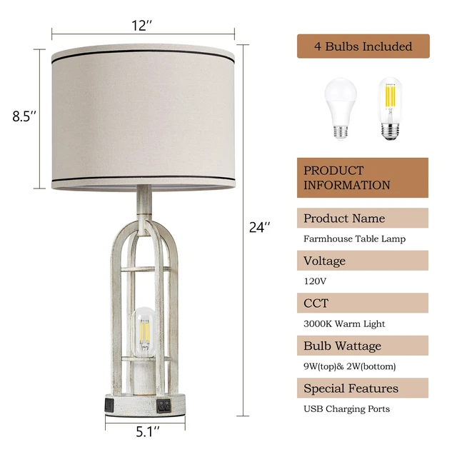 Alt view image 6 of 6 - Farmhouse Table Lamps for Living Room Set of 2 - Rustic Industrial Lamps for Night Stands with Night Light & USB A+C, 24" Vintage Bedside Lamp for Bedroom, Bulbs Included