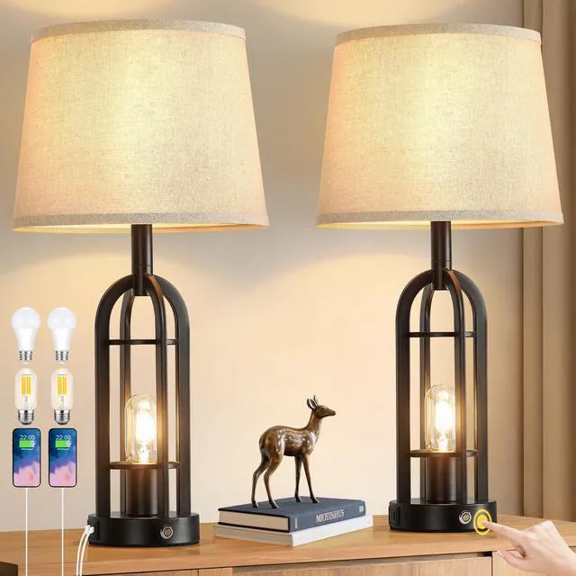 Main image of 24" Table Lamps for Living Room Set of 2, Farmhouse Industrial 3-Way Dimmable Touch Bedside Lamps with USB A+C for Bedroom Nightstand4 Bulbs Included