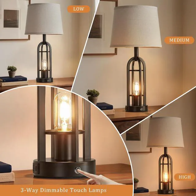 Alt view image 2 of 7 - 24" Table Lamps for Living Room Set of 2, Farmhouse Industrial 3-Way Dimmable Touch Bedside Lamps with USB A+C for Bedroom Nightstand4 Bulbs Included