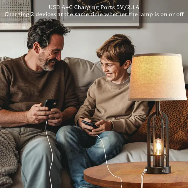 Alt view image 4 of 7 - 24" Table Lamps for Living Room Set of 2, Farmhouse Industrial 3-Way Dimmable Touch Bedside Lamps with USB A+C for Bedroom Nightstand4 Bulbs Included