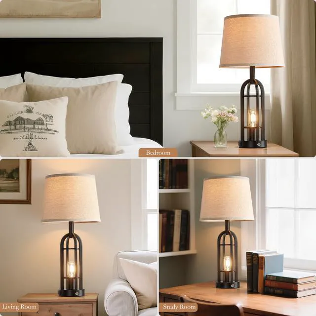Alt view image 5 of 7 - 24" Table Lamps for Living Room Set of 2, Farmhouse Industrial 3-Way Dimmable Touch Bedside Lamps with USB A+C for Bedroom Nightstand4 Bulbs Included
