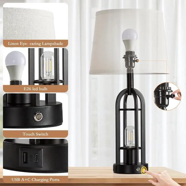 Alt view image 6 of 7 - 24" Table Lamps for Living Room Set of 2, Farmhouse Industrial 3-Way Dimmable Touch Bedside Lamps with USB A+C for Bedroom Nightstand4 Bulbs Included