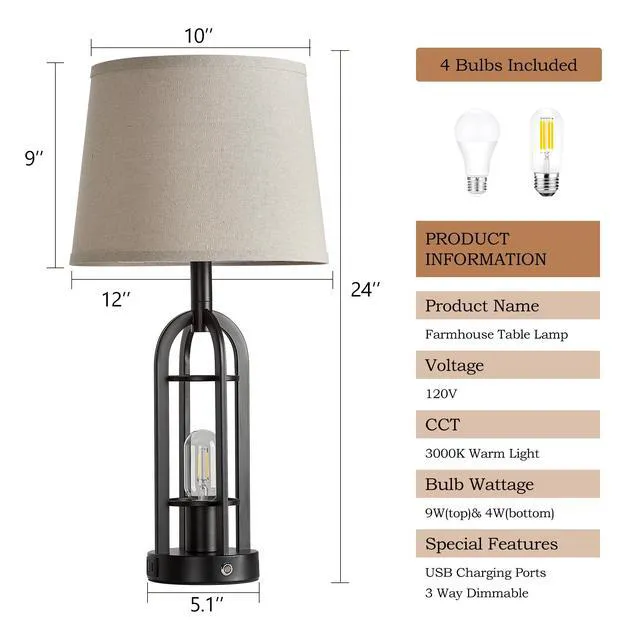 Alt view image 7 of 7 - 24" Table Lamps for Living Room Set of 2, Farmhouse Industrial 3-Way Dimmable Touch Bedside Lamps with USB A+C for Bedroom Nightstand4 Bulbs Included