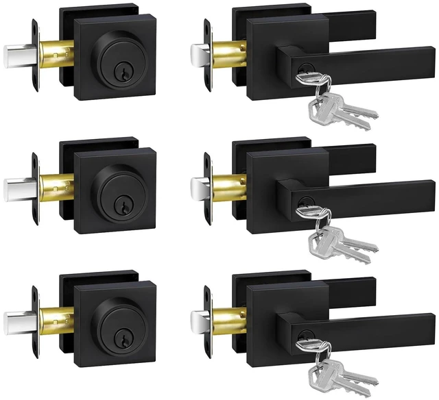 Main image of Exterior Door Lock Set with Deadbolt, Door Locks for Front Door with Single Cylinder Deadbolt Lock, Matte Black Door Handle with Lock and Key for Front Door, 3 Pack (All Same Keyed Alike)
