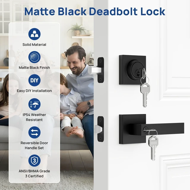 Alt view image 2 of 7 - Matte Black Door Locks for Front Door, Door Handle with Single Cylinder Deadbolt Lock, Front Door Lock Set Heavy Duty Front Door Handle and Deadbolt Set, Commercial Locks for Doors, 1 Pack