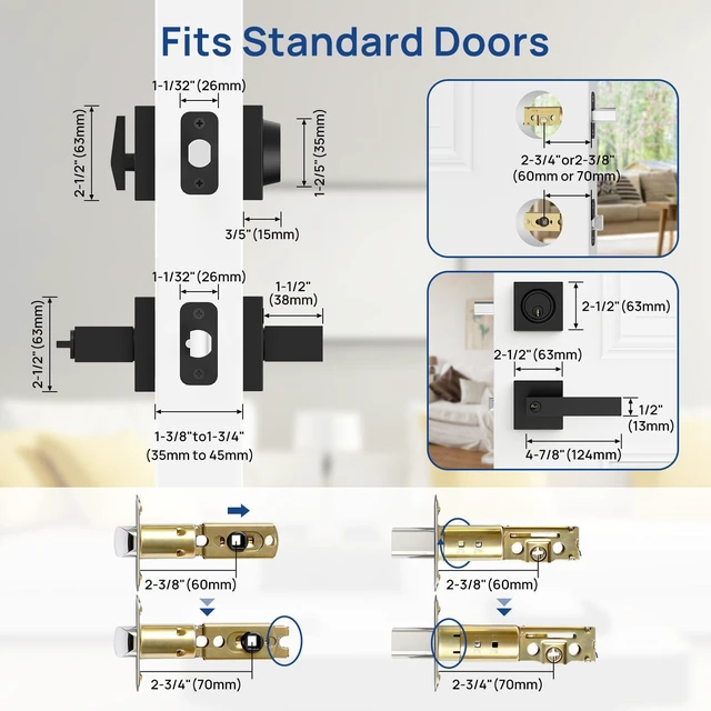 Alt view image 5 of 7 - Matte Black Door Locks for Front Door, Door Handle with Single Cylinder Deadbolt Lock, Front Door Lock Set Heavy Duty Front Door Handle and Deadbolt Set, Commercial Locks for Doors, 1 Pack
