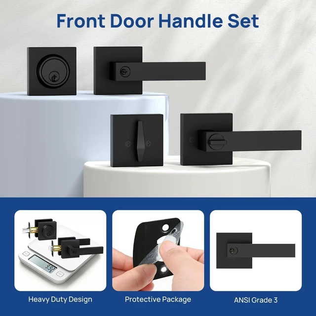 Alt view image 4 of 7 - Matte Black Door Locks for Front Door, Door Handle with Single Cylinder Deadbolt Lock, Front Door Lock Set Heavy Duty Front Door Handle and Deadbolt Set, Commercial Locks for Doors, 1 Pack