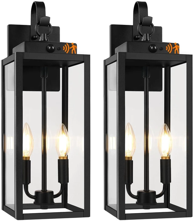 Main image of 2-Pack 17.5" Upgraded Motion Sensor Outdoor Wall Lights, Black Auto ON/OFF, 3 Lighting Modes, Waterproof, Rust-Resistant, Durable Metal with Clear Glass, Dual E12 Sockets, Easy to Install
