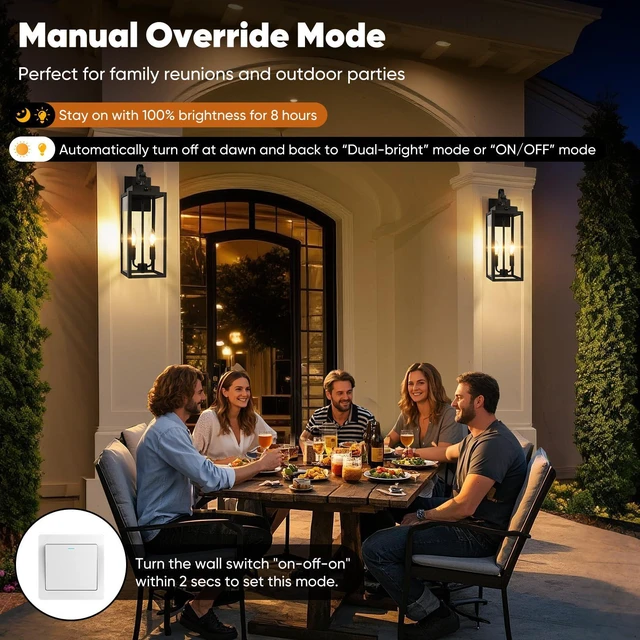 Alt view image 3 of 7 - 2-Pack 17.5" Upgraded Motion Sensor Outdoor Wall Lights, Black Auto ON/OFF, 3 Lighting Modes, Waterproof, Rust-Resistant, Durable Metal with Clear Glass, Dual E12 Sockets, Easy to Install