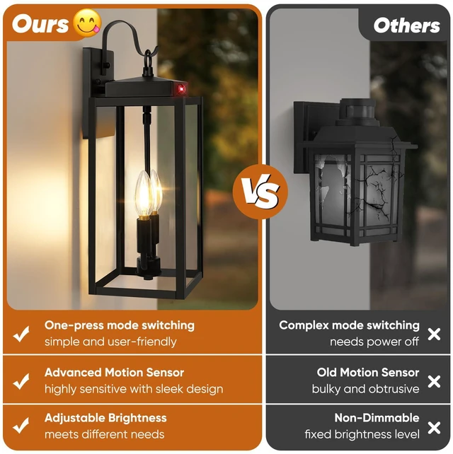 Alt view image 4 of 7 - 2-Pack 17.5" Upgraded Motion Sensor Outdoor Wall Lights, Black Auto ON/OFF, 3 Lighting Modes, Waterproof, Rust-Resistant, Durable Metal with Clear Glass, Dual E12 Sockets, Easy to Install
