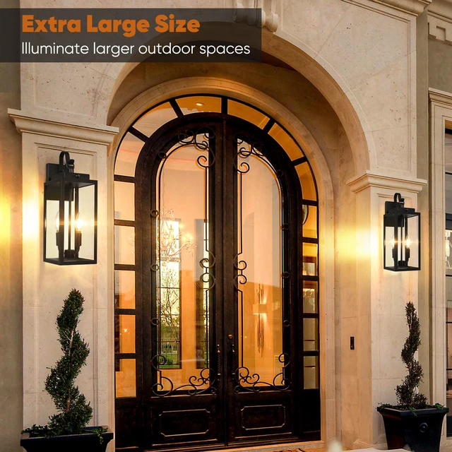 Alt view image 6 of 7 - 2-Pack 17.5" Upgraded Motion Sensor Outdoor Wall Lights, Black Auto ON/OFF, 3 Lighting Modes, Waterproof, Rust-Resistant, Durable Metal with Clear Glass, Dual E12 Sockets, Easy to Install