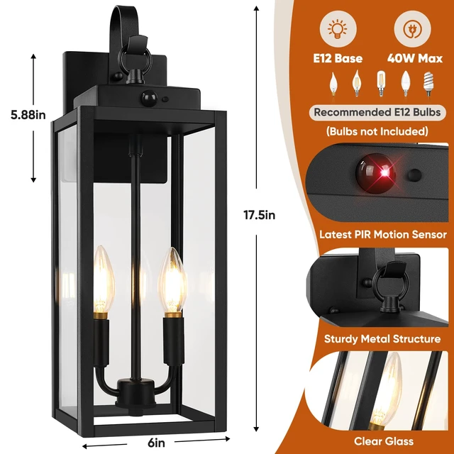 Alt view image 7 of 7 - 2-Pack 17.5" Upgraded Motion Sensor Outdoor Wall Lights, Black Auto ON/OFF, 3 Lighting Modes, Waterproof, Rust-Resistant, Durable Metal with Clear Glass, Dual E12 Sockets, Easy to Install