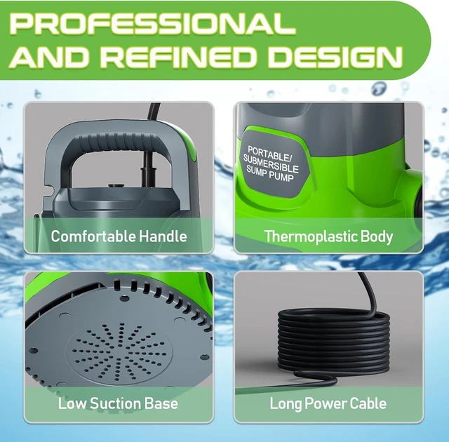 Alt view image 5 of 6 - Sump Pump 1HP Submersible Water Pump 3700GPH Electric Portable Transfer Water Pump for Pool Draining Basement, Light Green